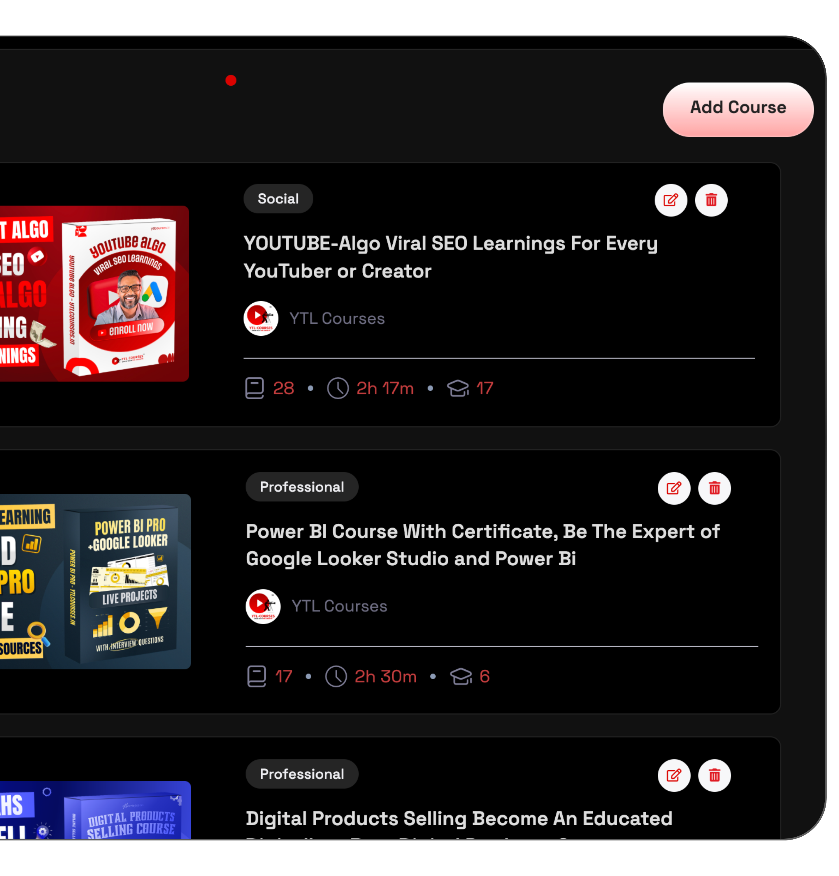 YTL Courses Dashboard